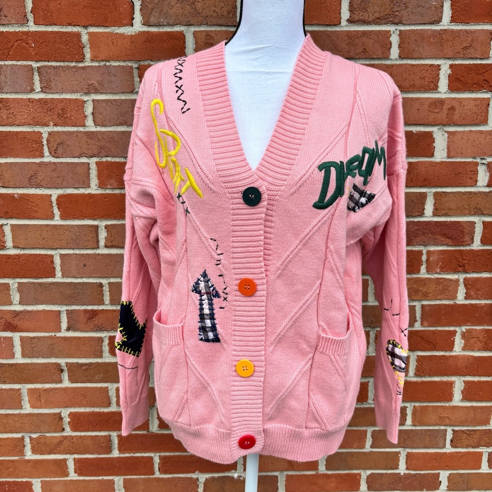 Ebossy Pink Oversized Cable Knit Embroidered Button Down Cardigan Small